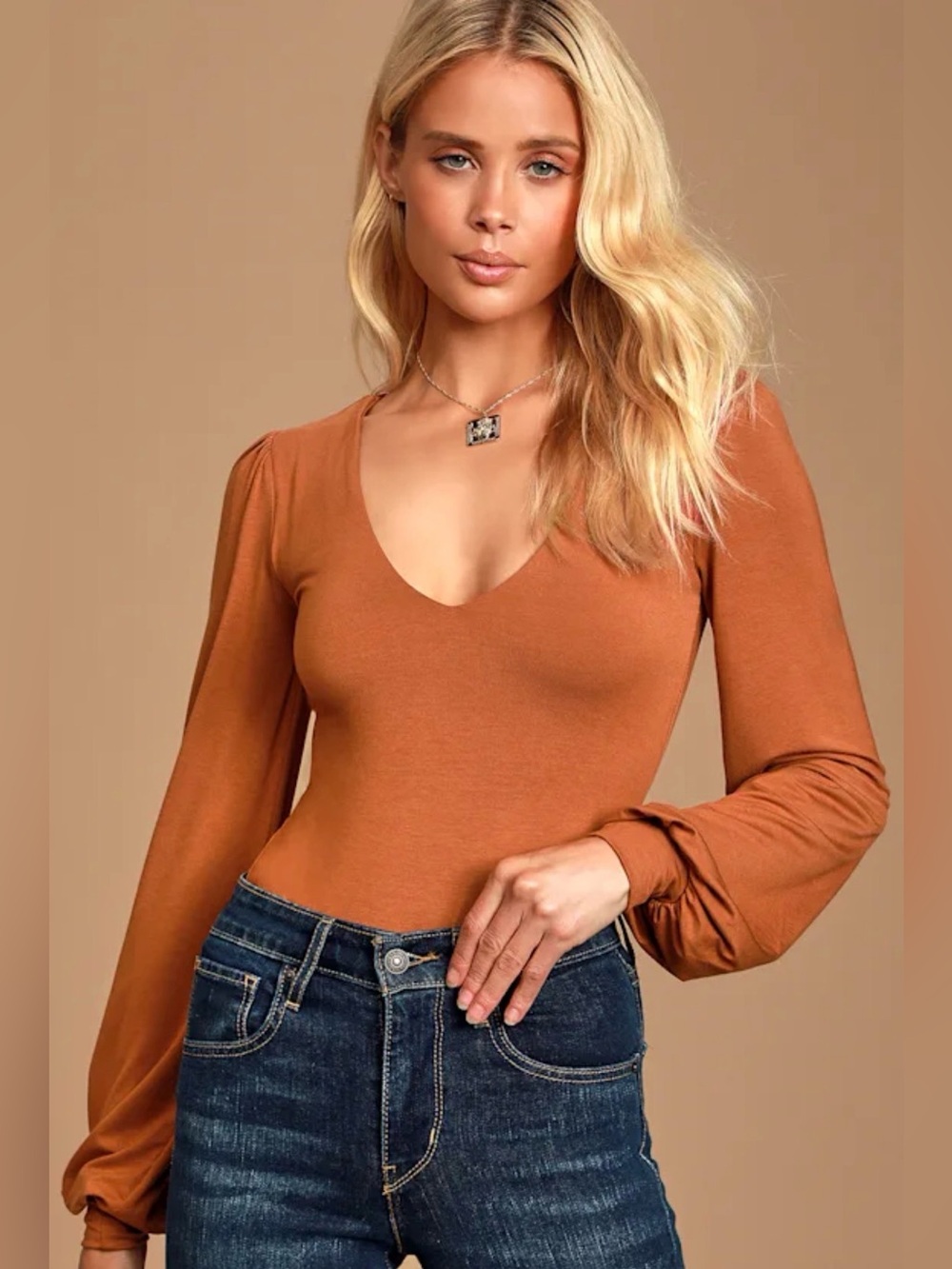 Lulus Kaylene Rust Orange V-Neck Balloon Sleeve Bodysuit